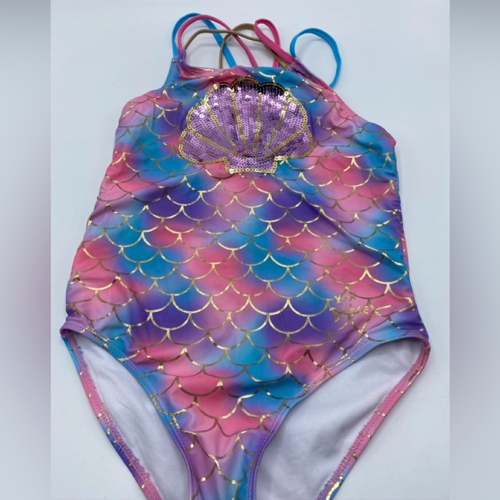 Betsey Johnson Mermaid Sequin Strappy  Girls Swimsuit One Pice Vacation Large 12